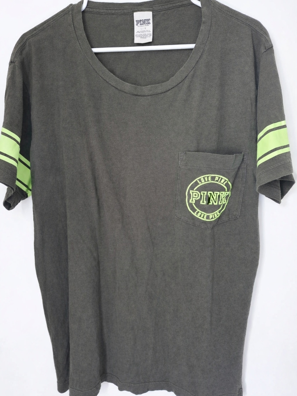 PINK Victoria's Secret Gray Tee with Lime Accent Pocket